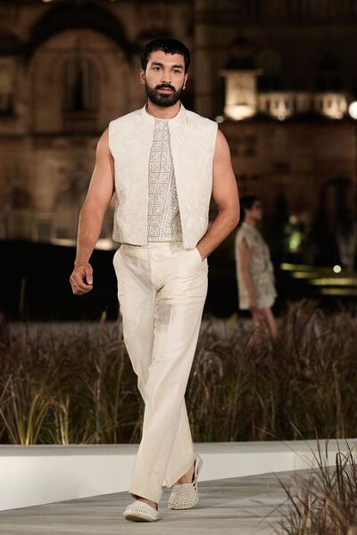 Fintan Embroidered Cord Silk Jacket Set - Ivory